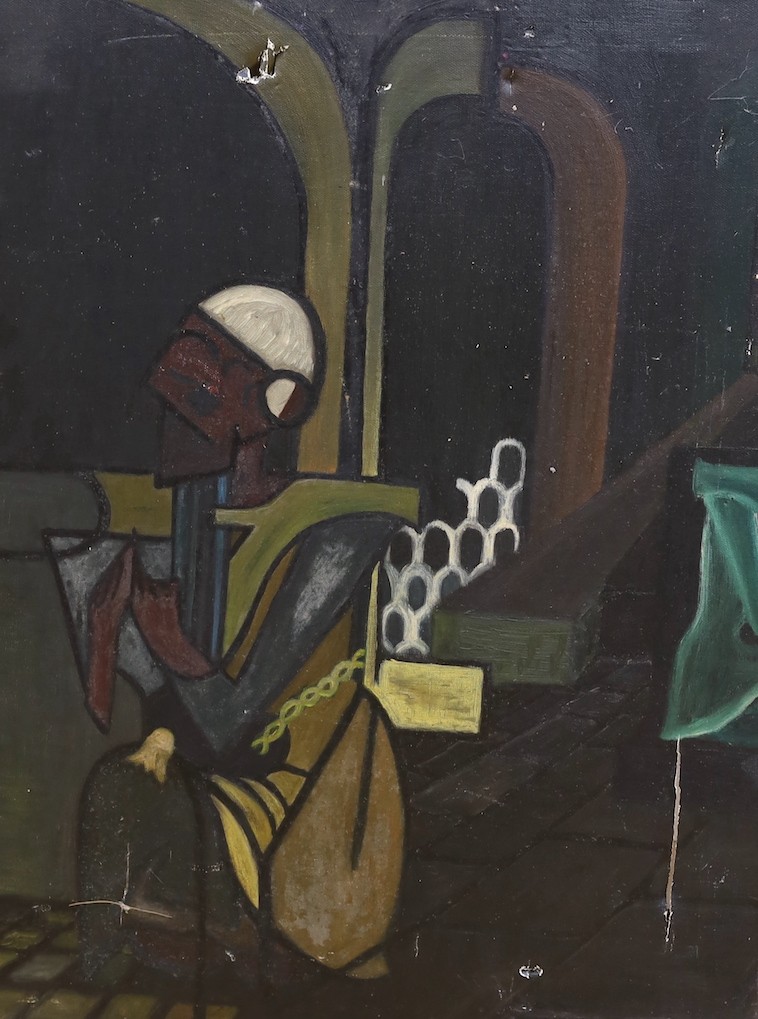 Modern British, oil on canvas, Stylised study of a praying figure, initialled RSM, 60 x 46cm, unframed